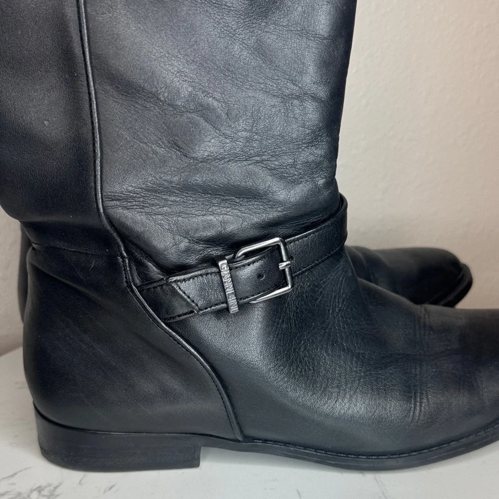 Gianni Bini Black Leather‎ Riding Just Below Knee Boots size 9.5 WIDE CALF